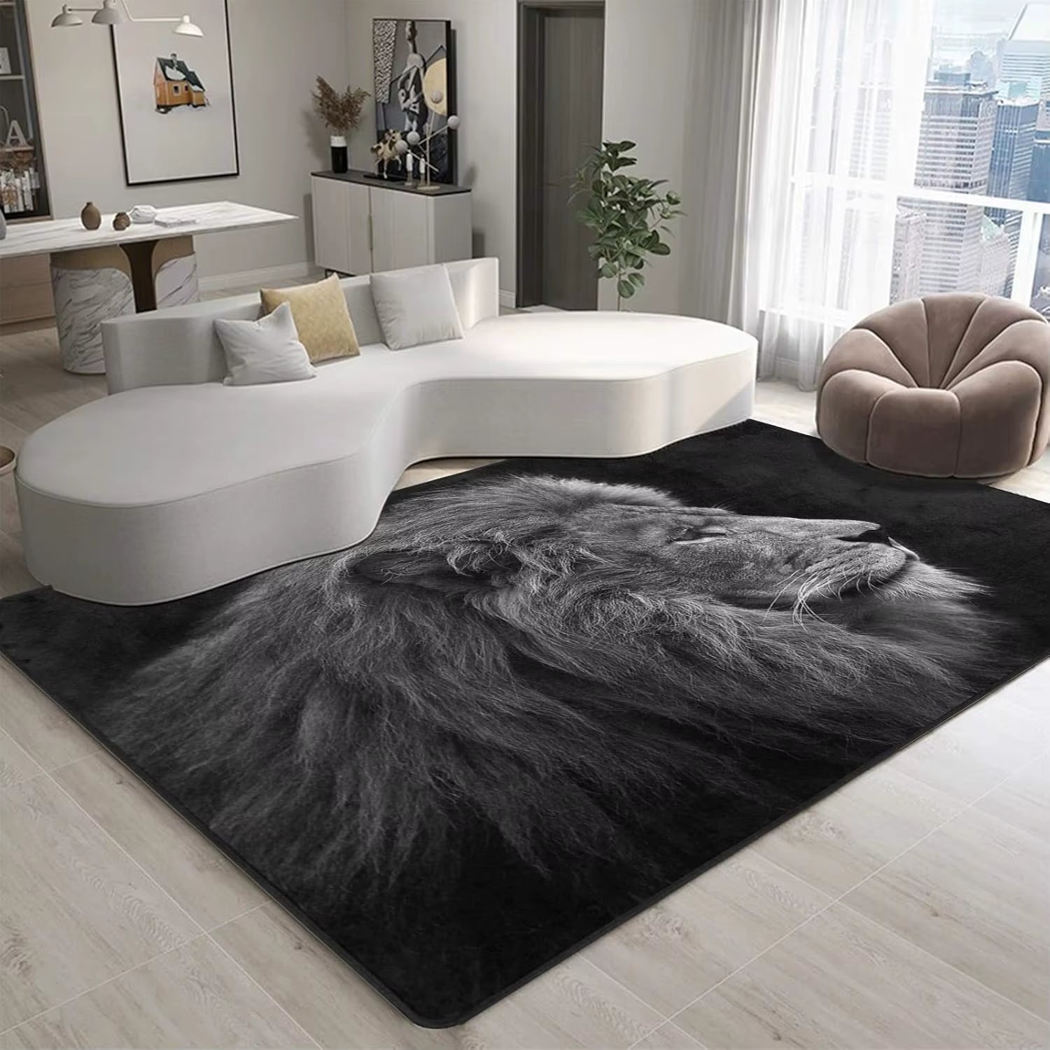 Lion Head Area Rug, 5×7 ft, Non-Slip Backing