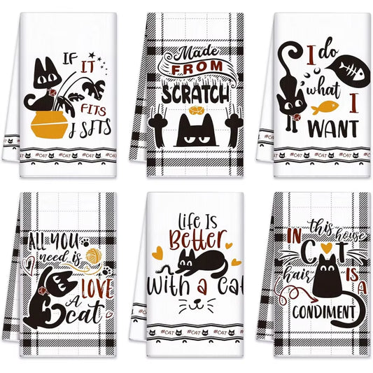 Set of 6 Dish Towel - Easy Hang with Cat Humor
