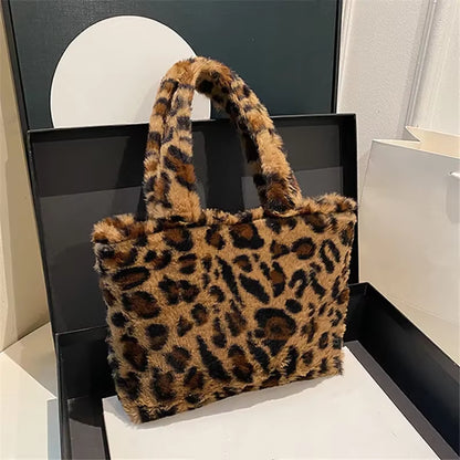 Leopard Print Plush Tote Bag – Fashionable Furry Handbag Purse