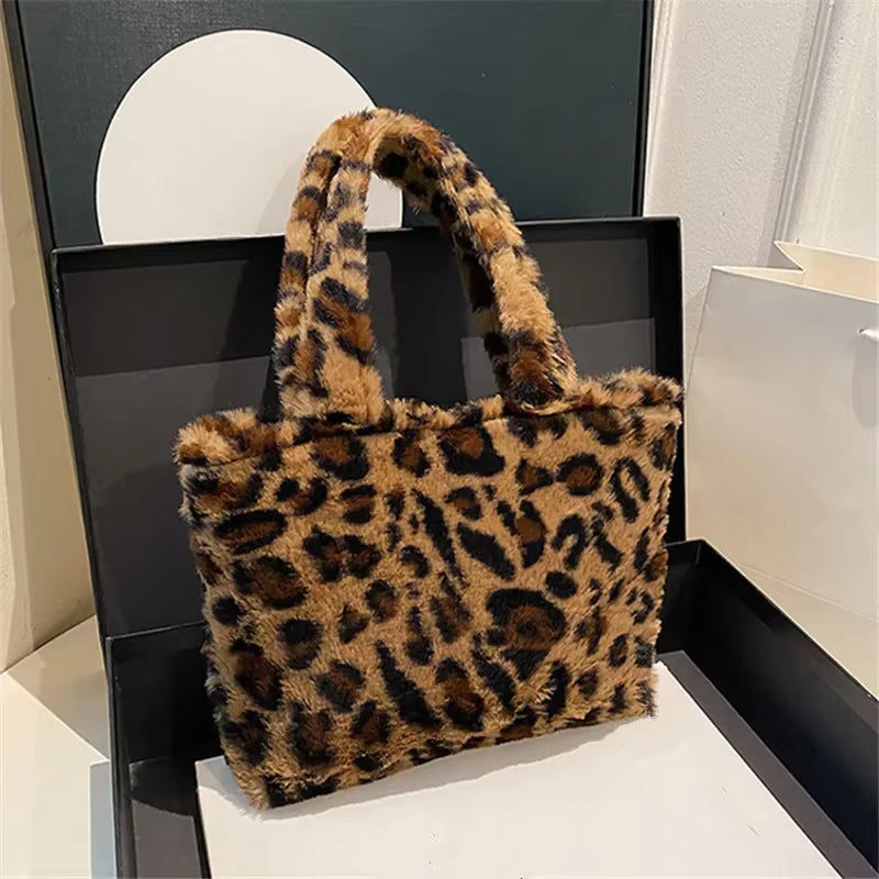 Leopard Print Plush Tote Bag – Fashionable Furry Handbag Purse