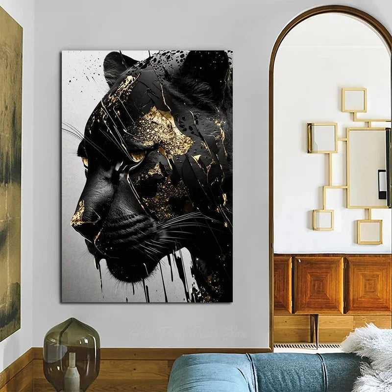 Artsy Black & Gold Jaguar, Canvas Wall Art Home Decor