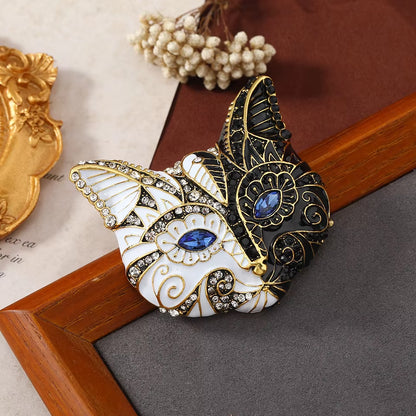 Stunning Half Black & Half White Cat Face Brooch with Mesmerizing Blue Eyes