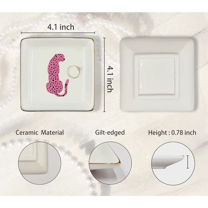 Pink Preppy Cheetah Leopard Gifts Ceramic Jewelry Tray Dish, Cheetah Print Jewelry Plate Trinket Dish, Wild Animal Leopard Love