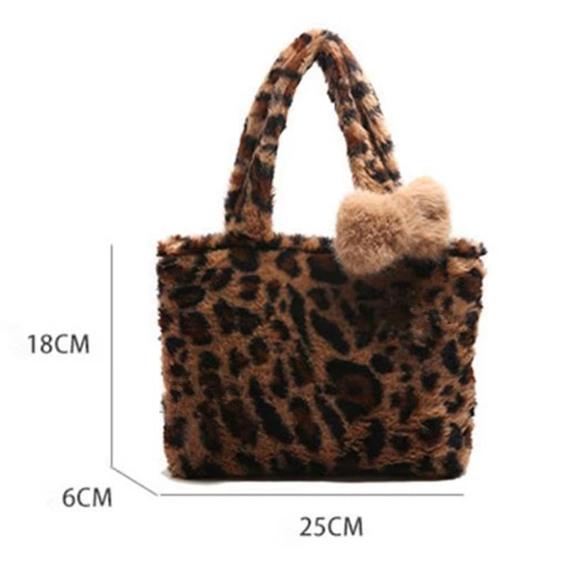 Leopard Print Plush Tote Bag – Fashionable Furry Handbag Purse