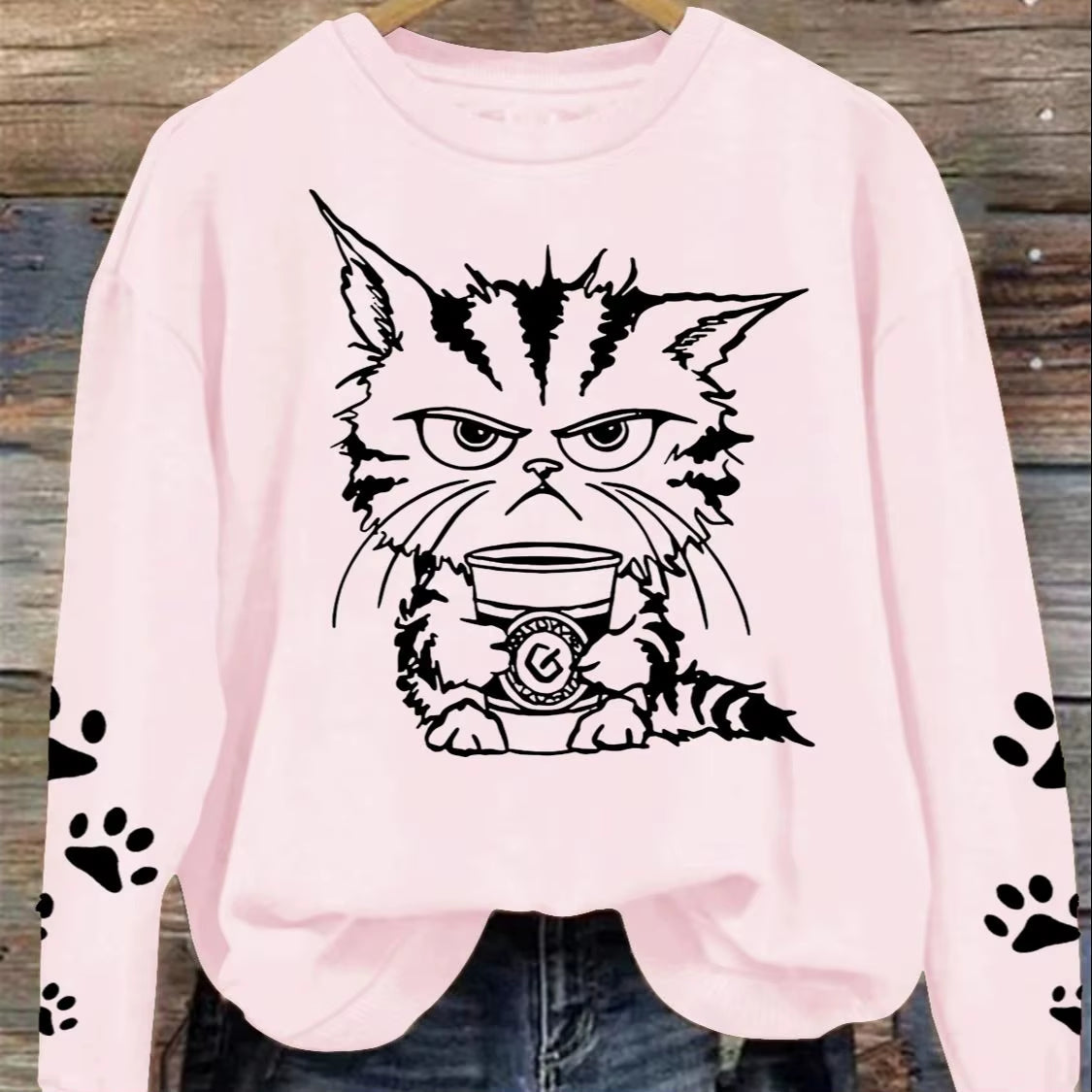 Light Pink Cranky Kitty Crew Neck Sweatshirt with Paw Sleeves