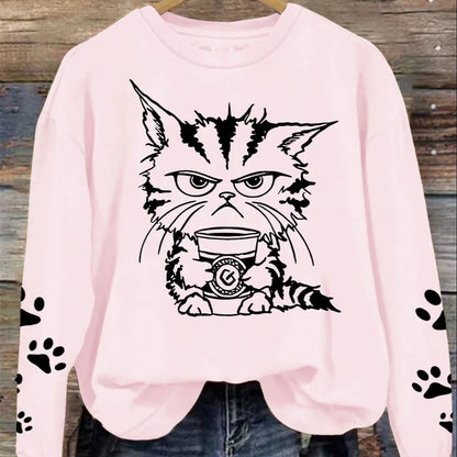 Light Pink Cranky Kitty Crew Neck Sweatshirt with Paw Sleeves