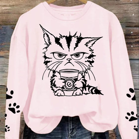 Light Pink Cranky Kitty Crew Neck Sweatshirt with Paw Sleeves
