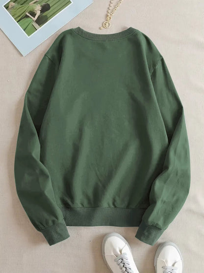 Army Green Crew Neck Casual Sweatshirt 