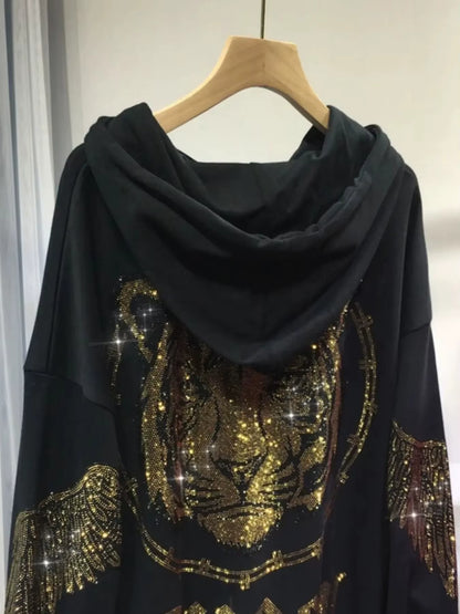Oversized Sparkly Tiger Zip-Up Hoodie