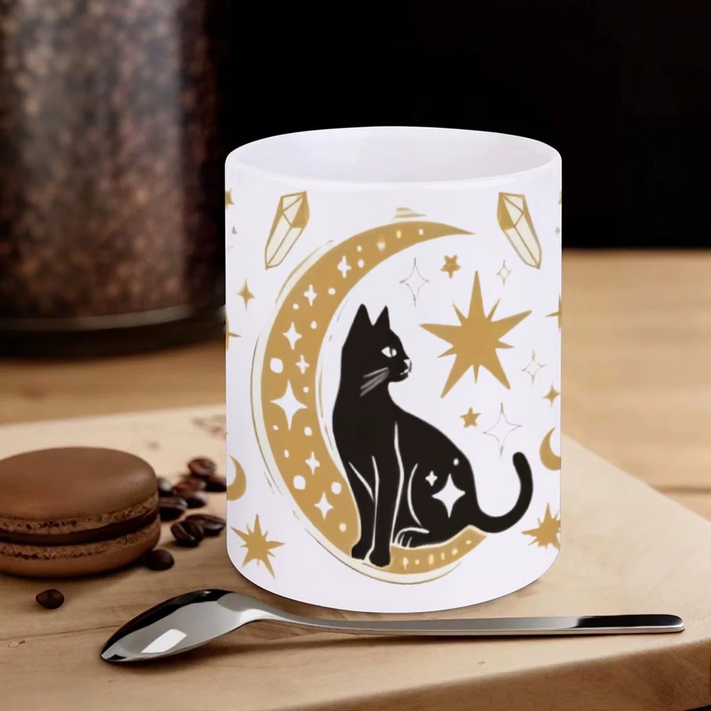 Three Black Cats Sitting in Front of a Crescent and Stars 11 oz Mug