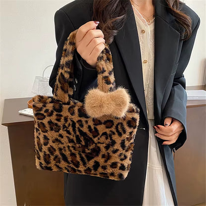 Leopard Print Plush Tote Bag – Fashionable Furry Handbag Purse