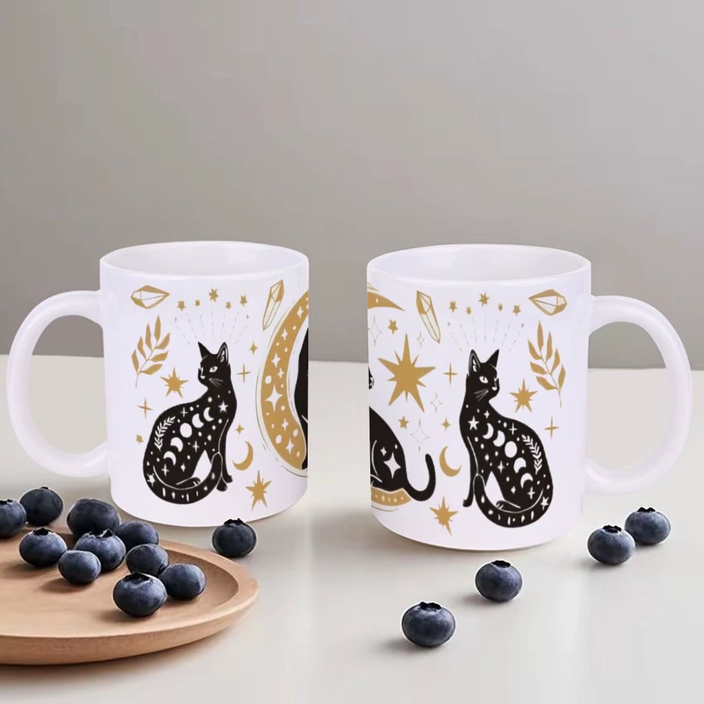 Three Black Cats Sitting in Front of a Crescent and Stars 11 oz Mug