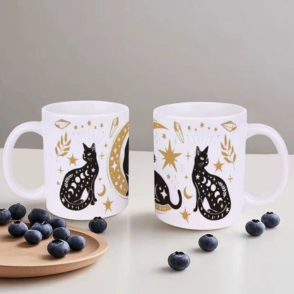 Three Black Cats Sitting in Front of a Crescent and Stars 11 oz Mug