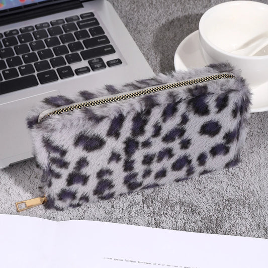 Snow Leopard Luxe Plush Wallet – Fashionable Card Holder with Extra Storage