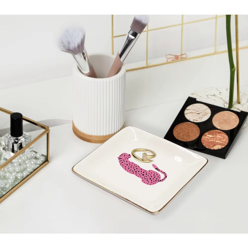 Pink Preppy Cheetah Leopard Gifts Ceramic Jewelry Tray Dish, Cheetah Print Jewelry Plate Trinket Dish, Wild Animal Leopard Love