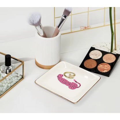 Pink Preppy Cheetah Leopard Gifts Ceramic Jewelry Tray Dish, Cheetah Print Jewelry Plate Trinket Dish, Wild Animal Leopard Love