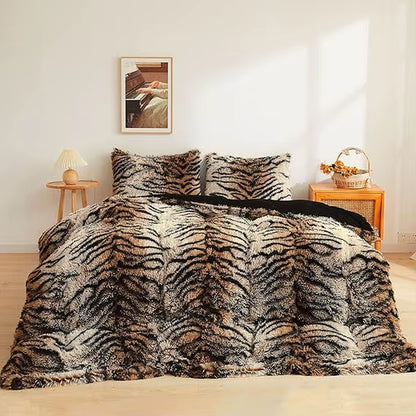 King Size Tiger Faux Fur Duvet Cover, 3 Piece Set Bedding